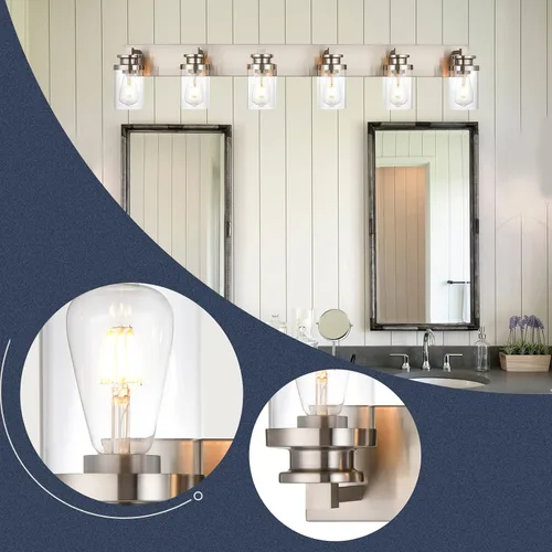 Vista 6 de BONLICHT Lámpara moderna de montaje en pared de níquel cepillado, lámpara de tocador de baño, aplique de pared de granja, 6 luces, accesorios