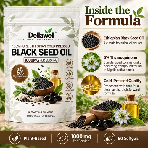 Vista 6 de Dellawell - Cápsulas blandas de aceite de semilla negra etíope, 1000 mg por porción, 5% timoquinona, suplemento de semillas negras prensadas