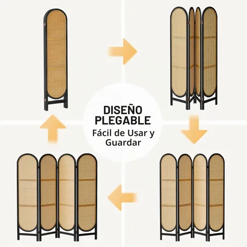 Vista 7 de Divisor de habitación de 4 paneles, divisor de habitación plegable de madera con doble bisagra, pantalla de privacidad individual hecha de ratán