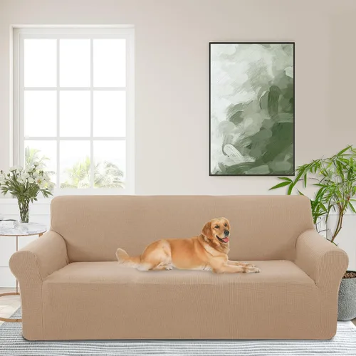 Vista 40 de Funda elástica para sofá, lavable, protector de muebles con espuma antideslizante y parte inferior elástica para niños, perros (sofá biplaza/beige)