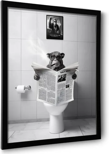 Vista 8 de Arte de pared enmarcado para decoración de baño, chimpancé en la bañera, arte de pared en blanco y negro, divertidos letreros de decoración de pared