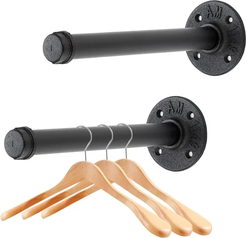 Vista 13 de Perchero flotante de tubo industrial negro de 6 pulgadas montado en la pared, estante de ropa resistente para colgar, barra de colgar multiuso