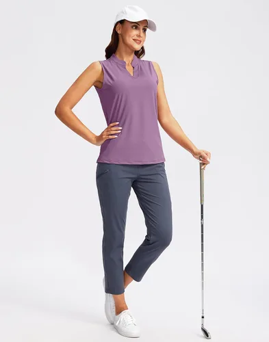 Vista 4 de SANTINY Camiseta de golf sin mangas para mujer, cuello en V, ligera, de ajuste seco, para tenis, polo de golf para mujer