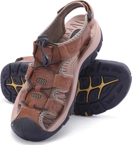 Vista 3 de Harssidanzar Sandalias de senderismo de cuero para hombre, zapatos acuáticos de verano, puntera cerrada, sandalias deportivas ligeras para caminar