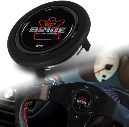 Vista 5 de Q1-TECH, botón redondo JDM universal para volantes aftermarket de 6 pernos con abertura de dos pulgadas 2" para botón de bocina (AUD-BK)