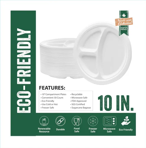Vista 3 de Nicole Home Collection Platos de papel desechables compostables de 10 pulgadas, 100 % bagazo, biodegradables, ecológicos, caña de azúcar natural