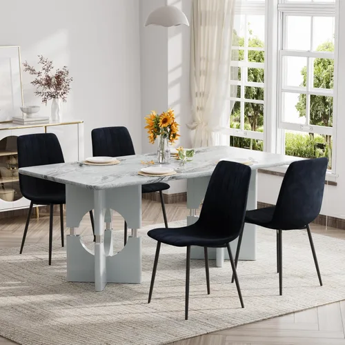 Vista 11 de Moderno juego de mesa rectangular para 4, mesa grande de mármol sintético gris de 71 pulgadas con base de metal con marco hueco, y 4 sillas