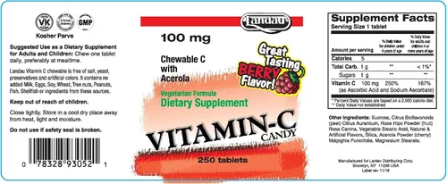 Vista 2 de LANDAU Caramelo masticable de vitamina C de 100 mg para niños y adultos, suplemento de vitamina C fácil de tomar con acerola, Kosher y fabricado