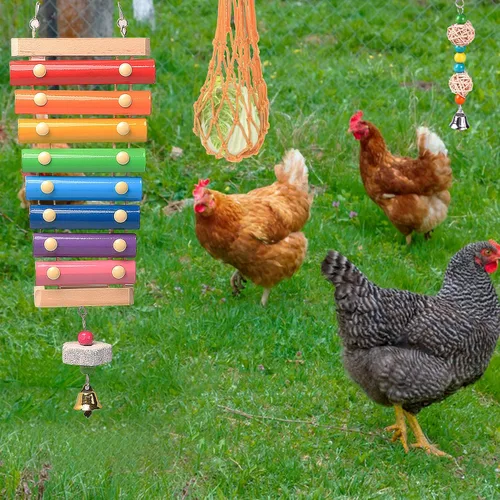 Vista 5 de Juguetes de pollo para gallinero, juego de 12 piezas, juguetes de enriquecimiento de pollo, incluye xilófono, juego de columpio, juguete de espejo