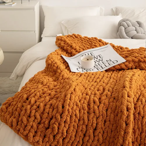 Vista 4 de ATMOSURELY Manta de punto grueso ultrasuave de color naranja quemado, acogedora y esponjosa, hecha a mano, con hilo de felpilla, para cama, sofá