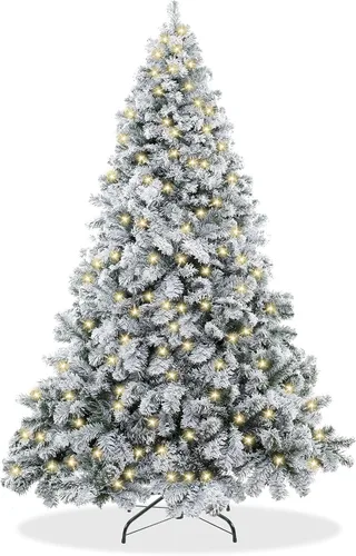 Vista 8 de Casafield Árbol de Navidad artificial de pino nevado realista preiluminado de 6 pies con soporte de metal resistente