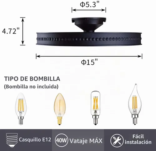 Vista 7 de Lámpara de techo redonda de 4 luces con montaje semiempotrado en negro, estilo rústico de metal granja para isla de cocina, comedor, pasillo