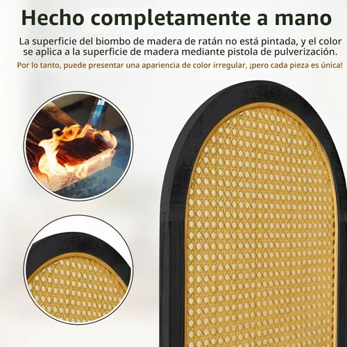 Vista 4 de Divisor de habitación de 4 paneles, divisor de habitación plegable de madera con doble bisagra, pantalla de privacidad individual hecha de ratán