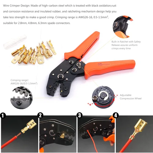 Vista 6 de Twidec/640 piezas 2.8/4.8/6.3mm Conectores de Terminal de Pala de Alambre Macho y Hembra de Empalme Rápido Kit Dorado con Alicates de Prensado