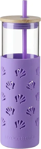 Vista 6 de Hyperspace Botella de agua de vidrio de 20 onzas con funda protectora de silicona y tapa de bambú, vasos de viaje con pajita, sin BPA