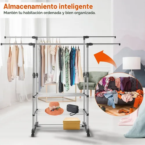 Vista 3 de Perchero de doble barra para colgar ropa, estante portátil para armario de carga máxima de 77 libras, perchero de metal resistente para dormitorio