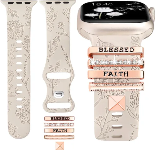 Vista 11 de Minyee Compatible con Apple Watch Banda con Encantos para Mujeres 41mm 40mm 38mm 42mm 44mm 45mm 49mm Anillos Decorativos en Forma de Flor