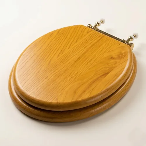 Vista 11 de Renovators Supply Manufacturing Asiento de retrete alargado de madera de caoba ligera con las bisagras de cobre amarillo de PVD y el parachoques
