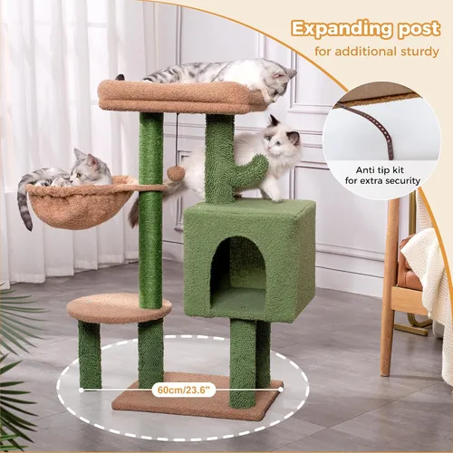 Vista 5 de Árbol de cactus para gatos, torre pequeña para gatos con poste rascador de 32 pulgadas con casa de condominio para gatos, hamaca acogedora y cama