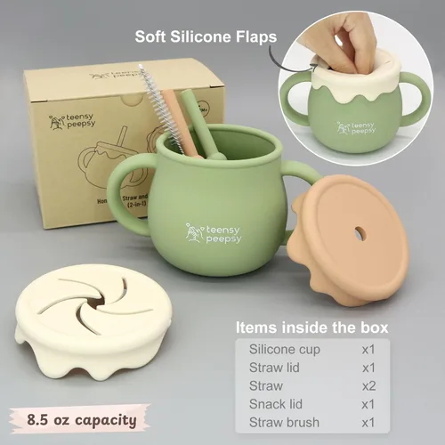 Vista 4 de Tarro de Miel Recipiente 3 en 1 Taza de Entrenamiento de Silicona de 8.5 onzas, Vaso Entrenador para Bebé con Popote y Taza de Snacks para 6 meses+