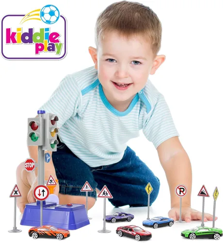 Vista 4 de Kiddie Play Señales de tráfico y luz de cruce peatonal juguetes para niños (12 piezas)