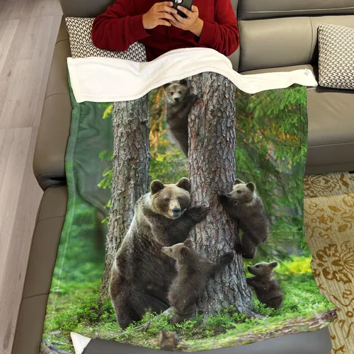 Vista 4 de Manta de forro polar, diseño de bosque de oso marrón, súper suave, cálida, acogedora, ligera para sofá, sala de estar, cama, 50 x 60 pulgadas