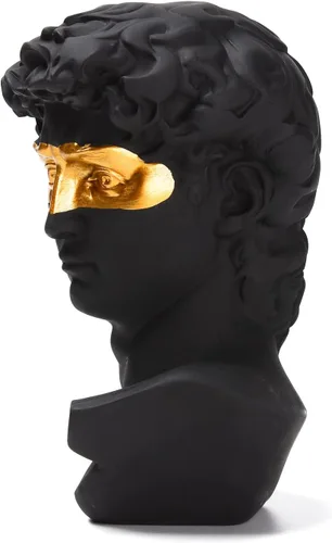Vista 3 de BRABUD Máscara griega David Hombre Busto Estatua Resina Negro Oro Escultura Romana Clásica Arte Moderno Casa Oficina Estudio Estantería Decoración