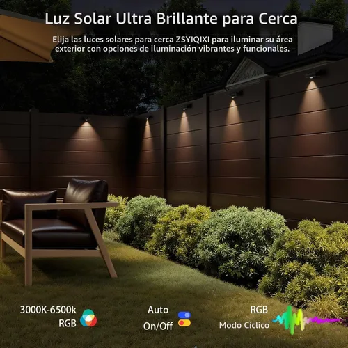 Vista 4 de Luces solares para vallas, 10 modos de cambio de color RGB, luces solares
