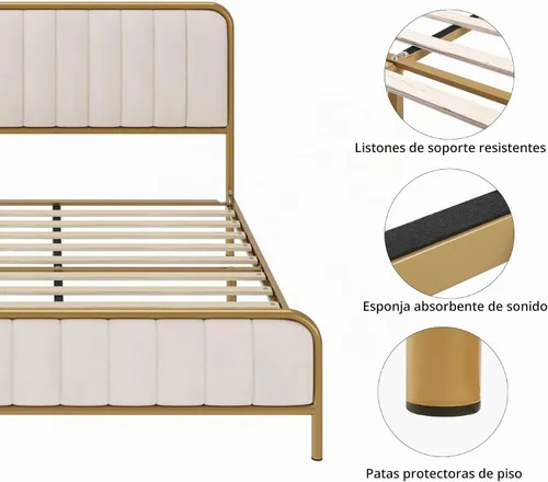 Vista 6 de HITHOS Base de cama tamaño completo con cabecera tapizada con botones, base de colchón de metal tapizado y de alta resistencia con listones
