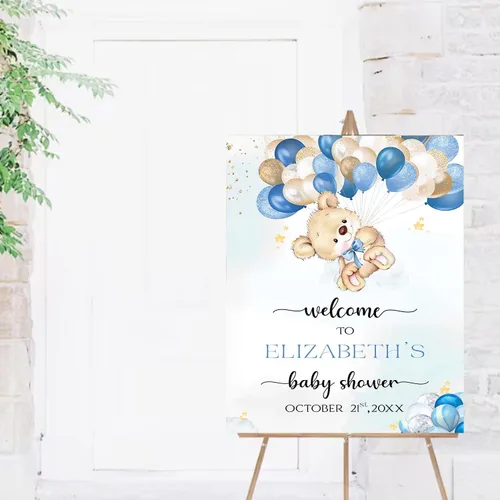 Vista 2 de Letrero de bienvenida personalizado para baby shower con soporte, decoración temática de baby shower con globo, decoración de oso para baby shower