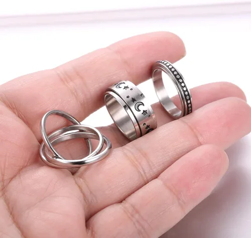Vista 7 de CASSIECA Anillos giratorios de acero inoxidable para mujeres y hombres anillos giratorios de flores luna estrella anillos de ansiedad frescos