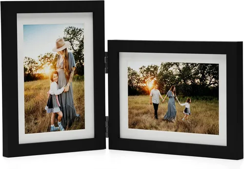 Vista 23 de Marcos de Fotos Dobles 4x4 con Bisagras Plegables en Negro para Colgar en la Pared o Poner en Mesa, Hechos de Madera de Pino con Vidrio Real P-44 *