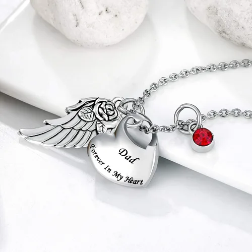 Vista 4 de Collar de urna de cremación de doble corazón viene con ala de ángel y 12 piedras natales para cenizas, colgante conmemorativo, Forever in My Heart