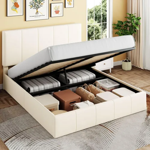 Vista 11 de SHA CERLIN - Marco de cama de almacenamiento elevable, tamaño matrimonial, con cabecero, color negro Cabecera ajustable, almacenamiento hidráulico