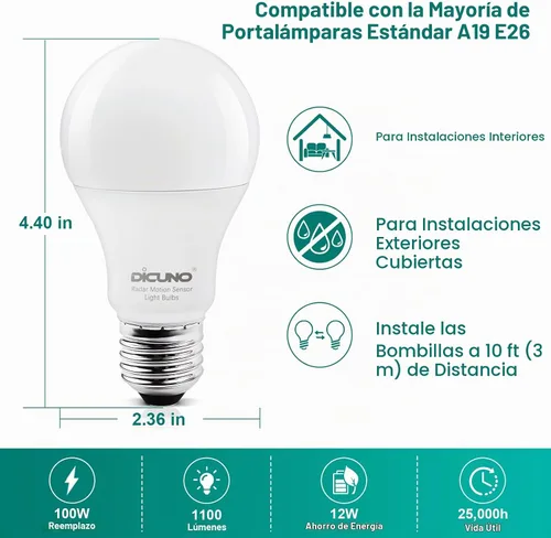 Vista 2 de DiCUNO - Bombillas con sensor de movimiento por radar, 12 W (equivalente a 100 W), sensor de movimiento con encendido y apagado automático, luz