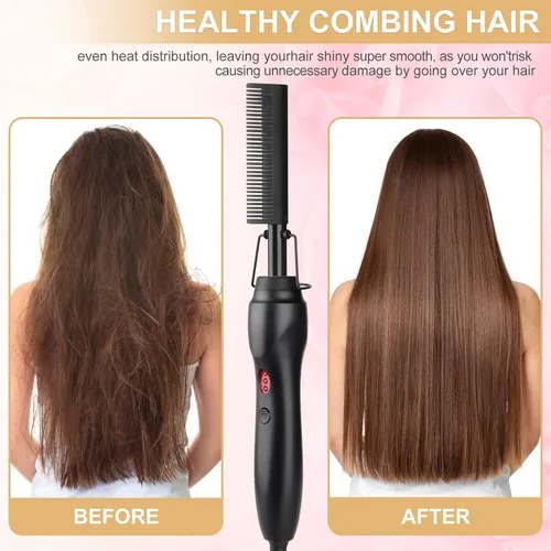 Vista 4 de Hot Comb - Cepillo de cerámica portátil para alisar y rizar antiquemaduras, plancha plana eléctrica con calefacción y peine para presionar la barba