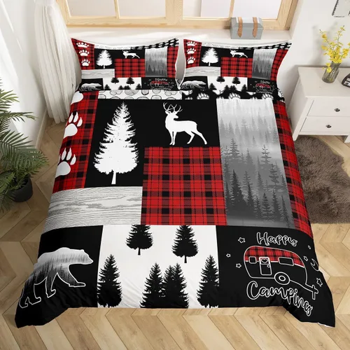 Vista 46 de Funda de edredón de oso de caza, tamaño individual, juego de ropa de cama rústica de animales del bosque para niños y niñas, funda de edredón a Oso