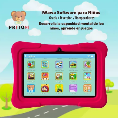 Vista 2 de PRITOM tableta para niños de 7 pulgadas Quad Core Android 13, 32 GB ROM WiFi, Bluetooth, cámara dual Educativo, juegos, control parental, Rosa