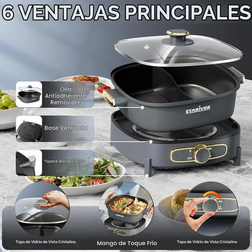 Vista 4 de Stariver Olla Caliente Eléctrica con Divisor, Grande de 6L Antiadherente Olla Eléctrica de Doble Sabor Shabu Shabu, Olla Caliente de 1500W con 3