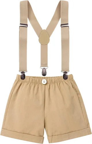 Vista 3 de IWEMEK Disfraz de safari de la selva para el primer cumpleaños de los niños y bebés traje salvaje pantalones cortos tirantes en Y para fotos