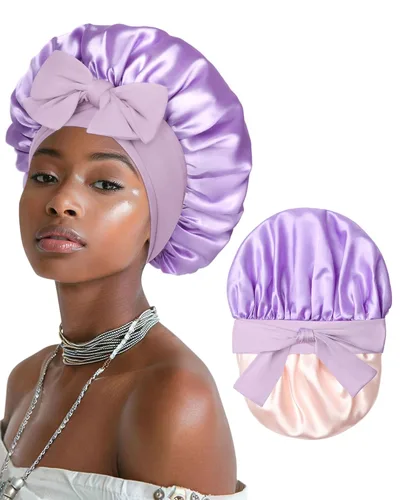 Vista 20 de Gorro de satén para mujeres, gorros de seda para dormir, gorro para cabello rizado con banda elástica con lazo, reversible de doble capa, gorro