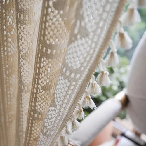 Vista 6 de Bringsine - Cortinas de crochet bohemias de algodón para sala de estar, cortinas de ventana para dormitorio con oscurecimiento, cortina