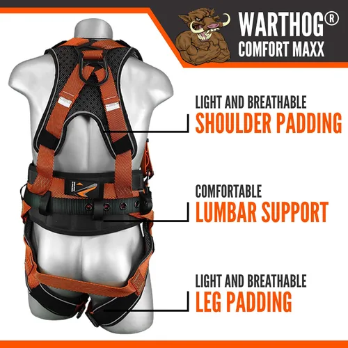 Vista 4 de Malta Dynamics Warthog Comfort MAXX - Arnés de seguridad para construcción – Equipo de protección contra caídas con cinturón removible y soporte