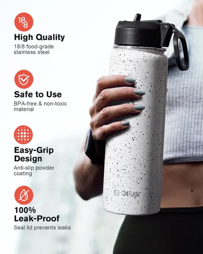 Vista 3 de Coolflask Botella de agua de 20 onzas aislada con pajilla, 3 tapas de metal de acero inoxidable, botella de agua de boca ancha para deportes u
