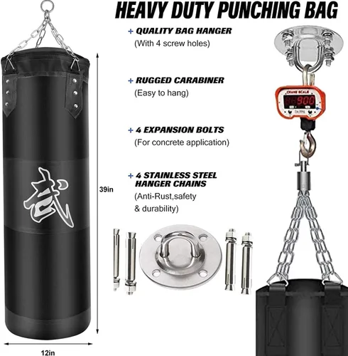 Vista 5 de Juego de sacos de boxeo colgantes sin relleno, sacos de boxeo pesados para adultos, niños y jóvenes, incluye vendas para manos, ganchos para sacos