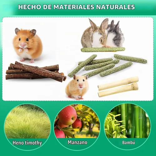 Vista 3 de WDEFUN Juego de juguetes naturales para masticar para mascotas, 20 palitos de heno Timothy, 20 ramas de manzano, 5 bambú dulce, juguetes