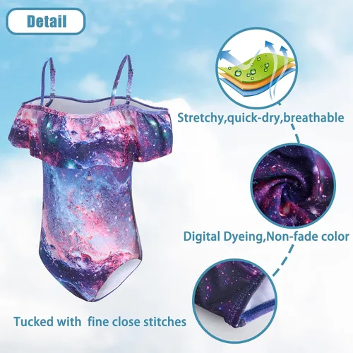 Vista 3 de Zestonie Traje de baño de una pieza para niñas con hombros descubiertos, traje de baño hawaiano para niños de 3 a 16 años