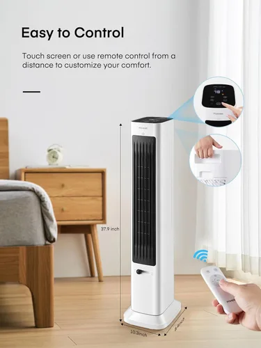 Vista 9 de FOHERE Ventilador de torre oscilante y calentador de espacio en uno para uso en interiores, ventilador de alta velocidad y calentador de seguridad