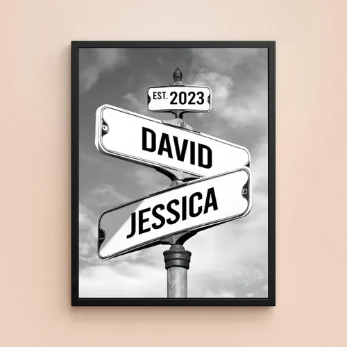 Vista 3 de Señal de calle vintage personalizada para parejas en lienzo, nombres y fecha personalizados, regalos de Navidad para ella o él, regalo del Día