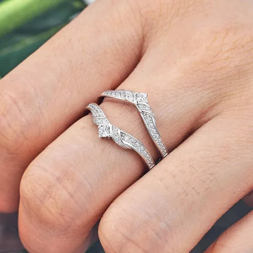 Vista 5 de Anillo de boda para mujer, bandas curvadas ajustables, apilables, anillos de media eternidad, AAAAA CZ 925, tamaño 4-12